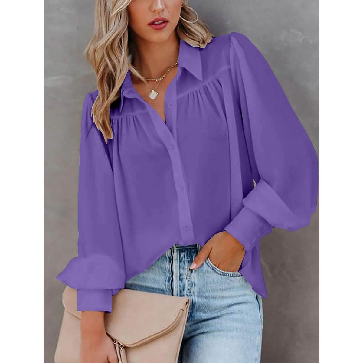 Womens Blouse Shirt Plain Button Long Sleeve - A-1 Thread Vault