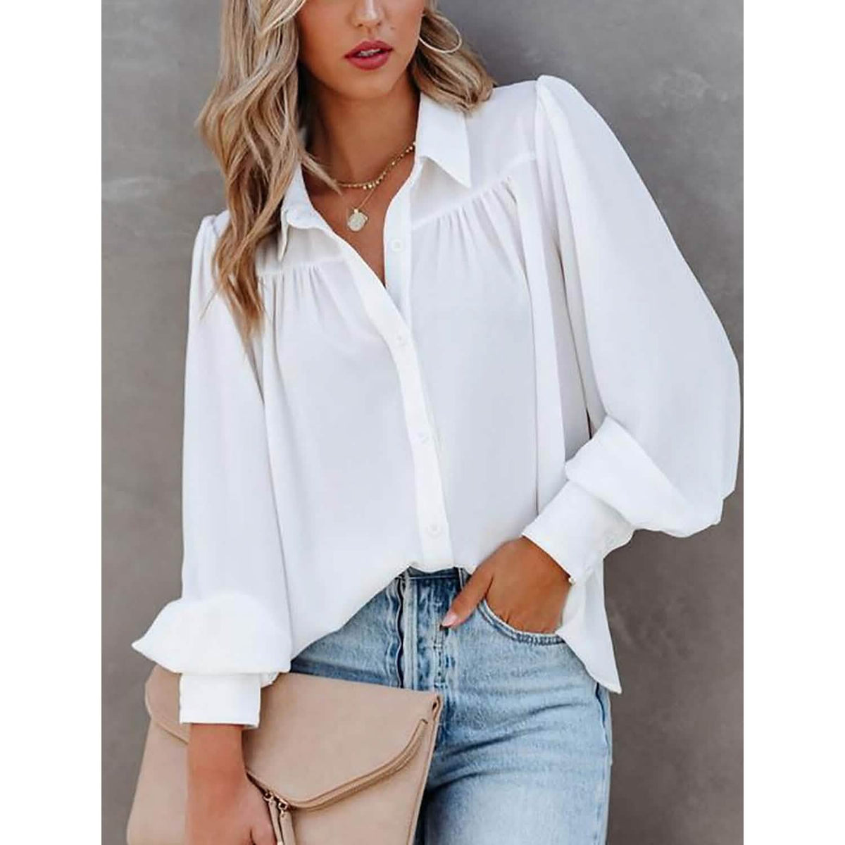 Womens Blouse Shirt Plain Button Long Sleeve - A-1 Thread Vault
