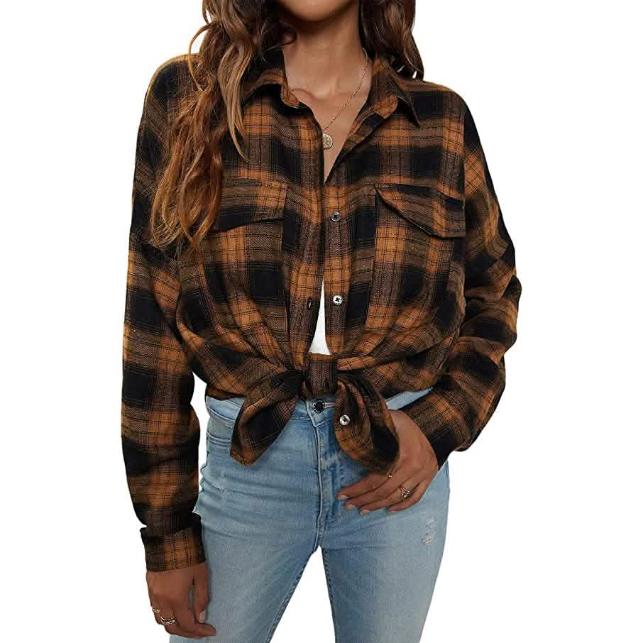 Women's Button Flannel Shirt Plaid Long Sleeve Top - A-1 Thread Vault