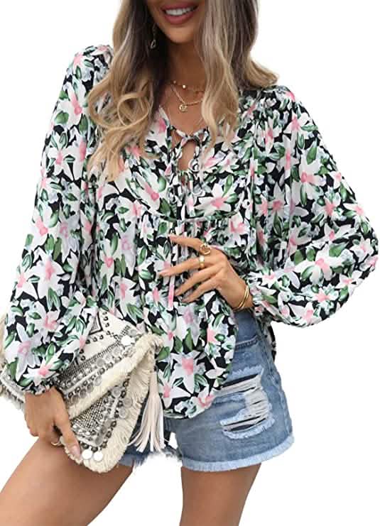 Women's Casual Boho Floral Print V Neck Long Sleeve Top - A-1 Thread Vault