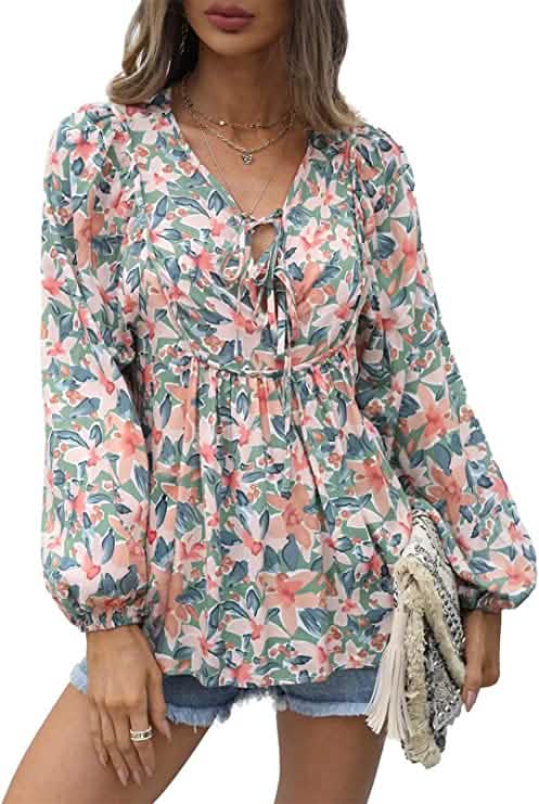 Women's Casual Boho Floral Print V Neck Long Sleeve Top - A-1 Thread Vault