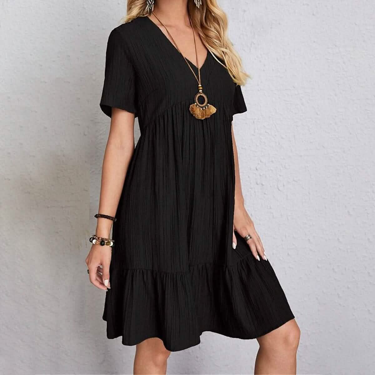 Women's Casual Dress Ruffle V Neck Midi Shift Dress - A-1 Thread Vault