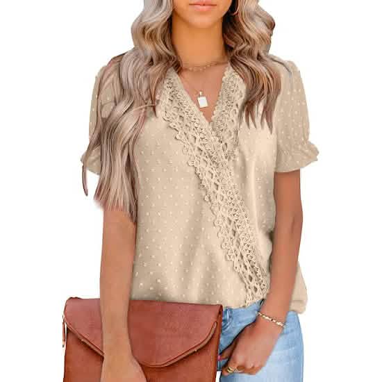 Women's Casual Lace Pom Pom V Neck Chiffon Short Sleeve Top - A-1 Thread Vault