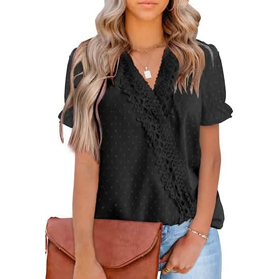 Women's Casual Lace Pom Pom V Neck Chiffon Short Sleeve Top - A-1 Thread Vault