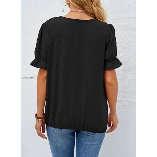 Women's Casual Lace Pom Pom V Neck Chiffon Short Sleeve Top - A-1 Thread Vault