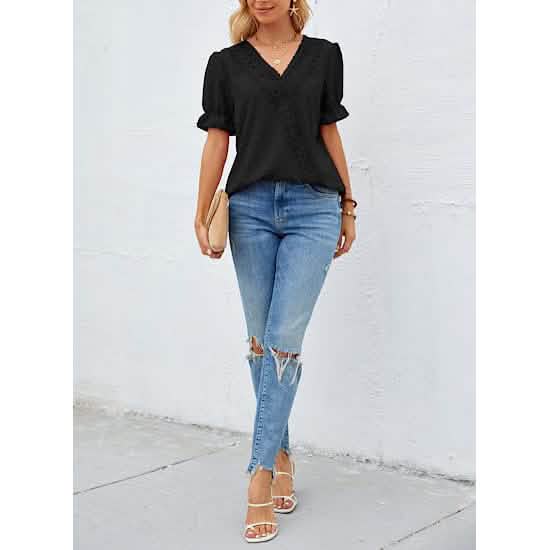 Women's Casual Lace Pom Pom V Neck Chiffon Short Sleeve Top - A-1 Thread Vault