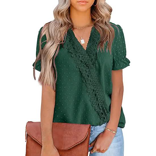 Women's Casual Lace Pom Pom V Neck Chiffon Short Sleeve Top - A-1 Thread Vault