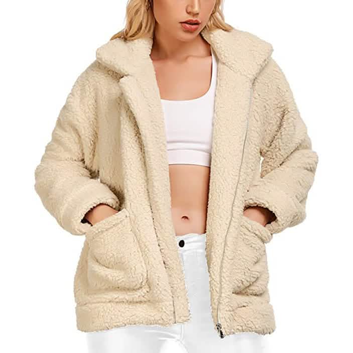 Women's Casual Lapel Fleece Fuzzy Faux Shearling Zipper Coat - A-1 Thread Vault