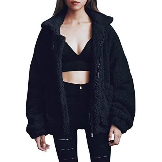 Women's Casual Lapel Fleece Fuzzy Faux Shearling Zipper Coat - A-1 Thread Vault