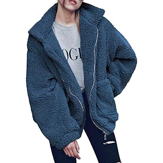 Women's Casual Lapel Fleece Fuzzy Faux Shearling Zipper Coat - A-1 Thread Vault