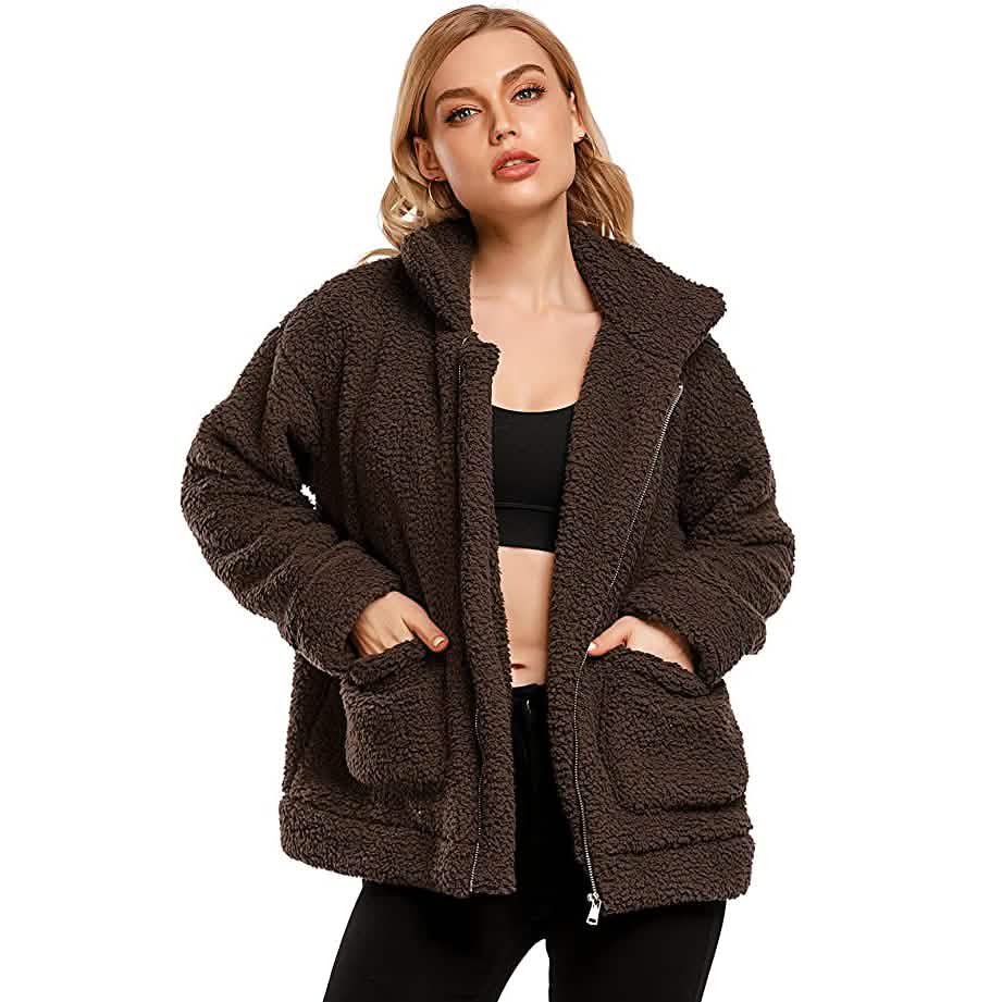 Women's Casual Lapel Fleece Fuzzy Faux Shearling Zipper Coat - A-1 Thread Vault