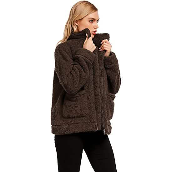 Women's Casual Lapel Fleece Fuzzy Faux Shearling Zipper Coat - A-1 Thread Vault