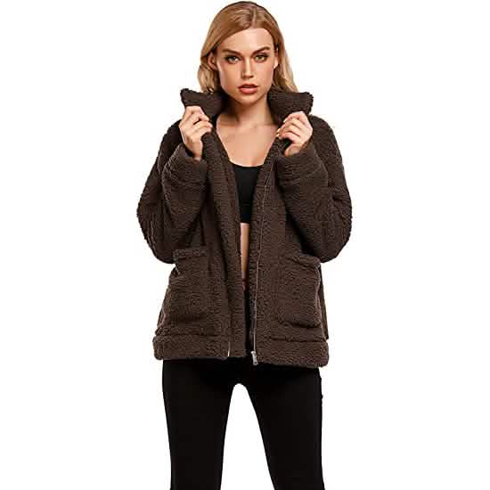 Women's Casual Lapel Fleece Fuzzy Faux Shearling Zipper Coat - A-1 Thread Vault