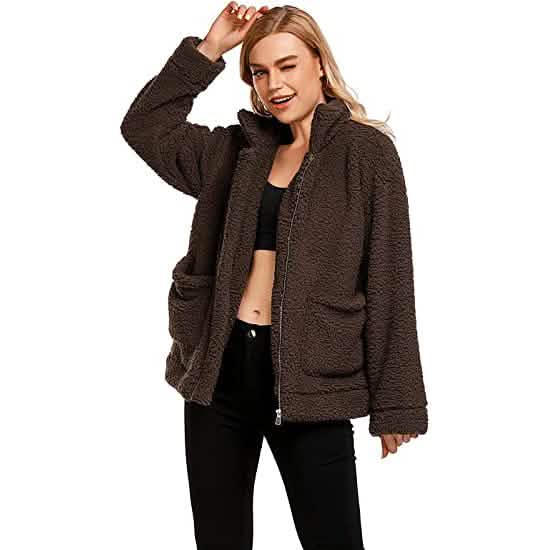 Women's Casual Lapel Fleece Fuzzy Faux Shearling Zipper Coat - A-1 Thread Vault