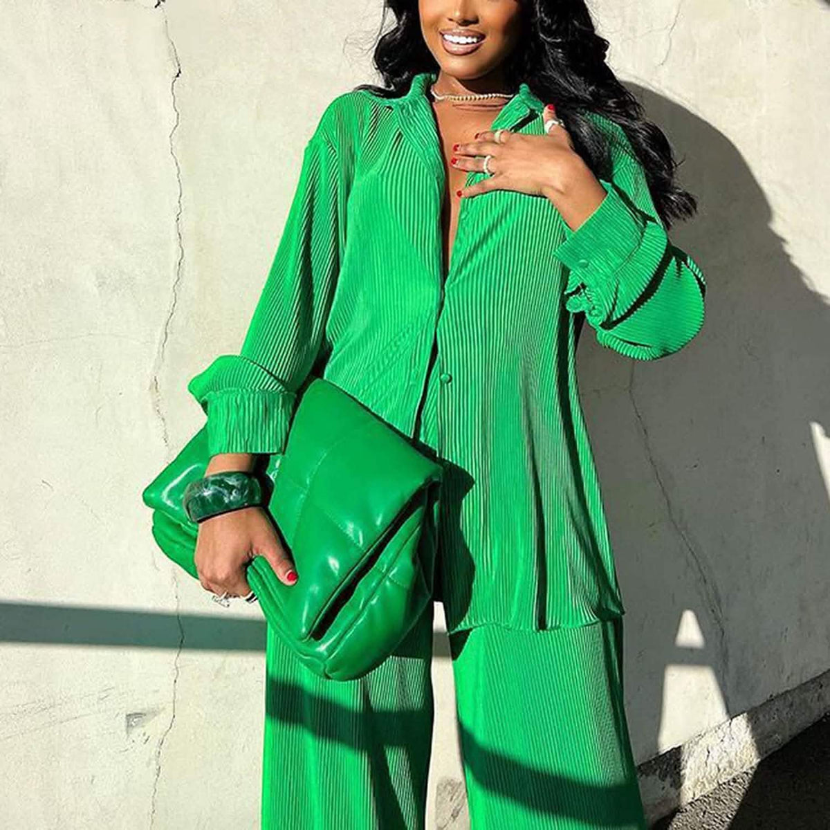 Women's Casual Long Sleeve Button Blouse Top Wide Leg Loose Streetwear Loungewear - A-1 Thread Vault