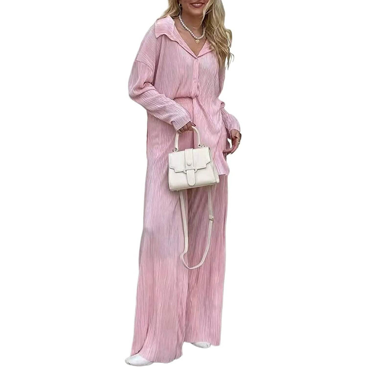 Women's Casual Long Sleeve Button Blouse Top Wide Leg Loose Streetwear Loungewear - A-1 Thread Vault
