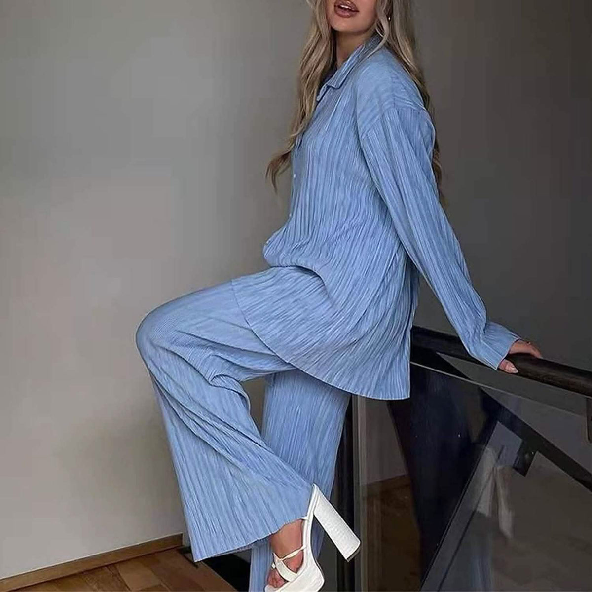 Women's Casual Long Sleeve Button Blouse Top Wide Leg Loose Streetwear Loungewear - A-1 Thread Vault