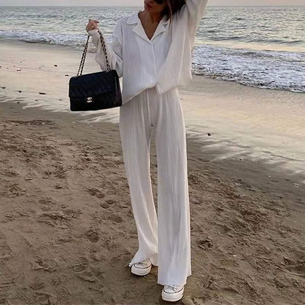 Women's Casual Long Sleeve Button Blouse Top Wide Leg Loose Streetwear Loungewear - A-1 Thread Vault
