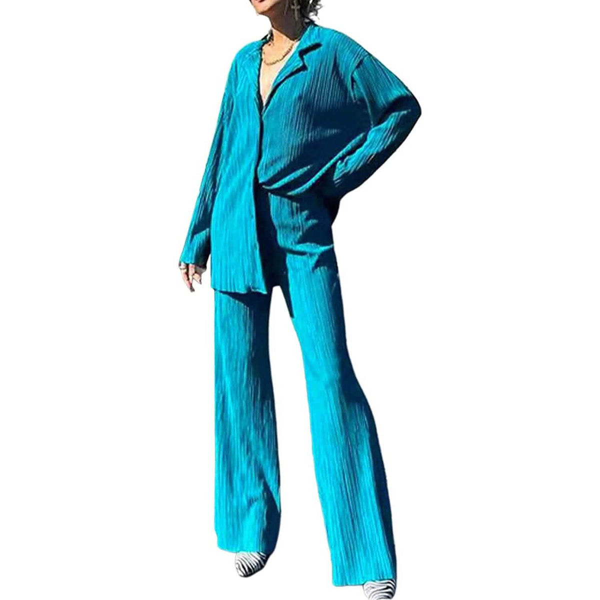 Women's Casual Long Sleeve Button Blouse Top Wide Leg Loose Streetwear Loungewear - A-1 Thread Vault