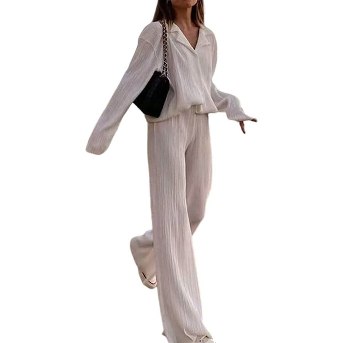 Women's Casual Long Sleeve Button Blouse Top Wide Leg Loose Streetwear Loungewear - A-1 Thread Vault