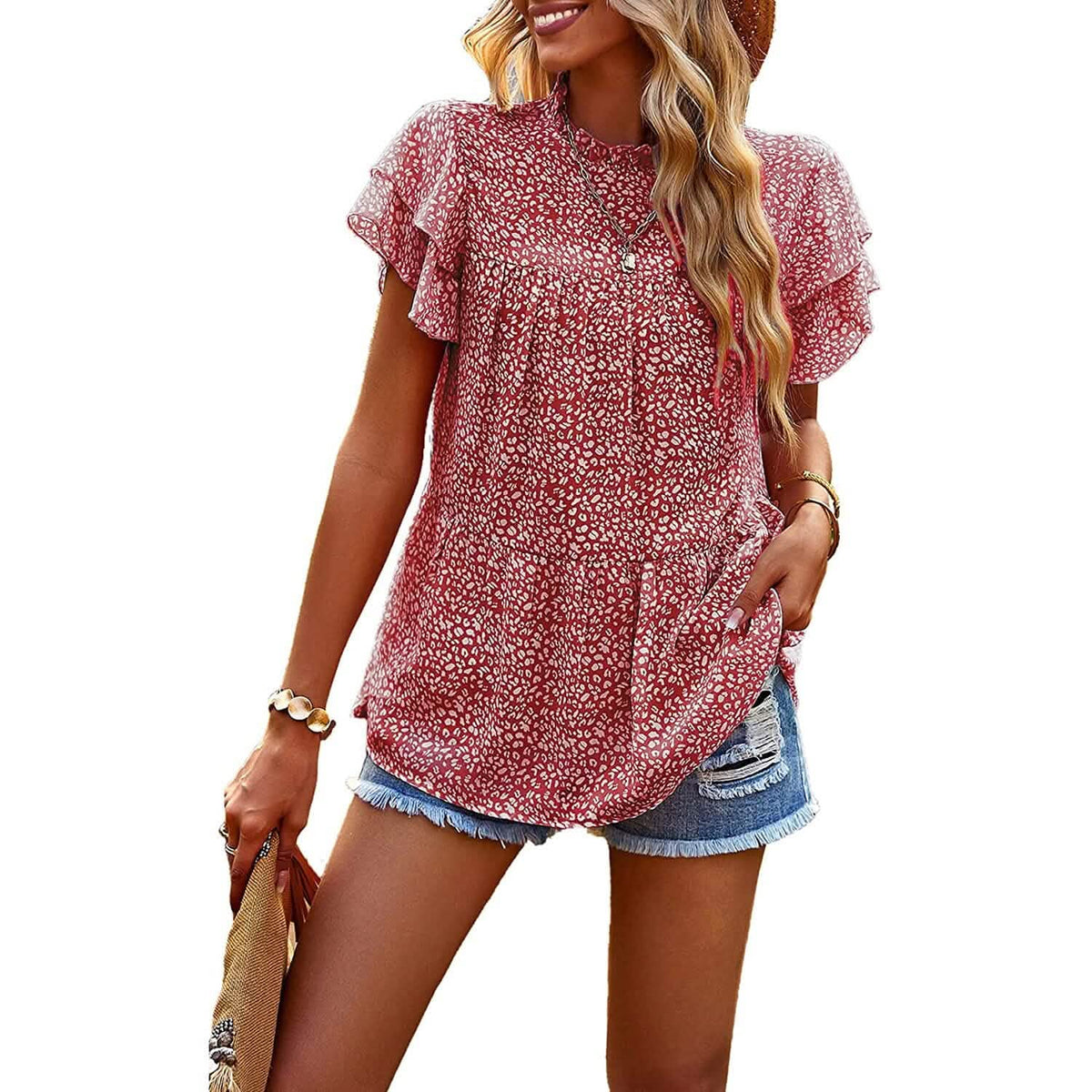 Women's Casual Summer Tops Ruffle Short Sleeve Mock Neck Fashion Floral Chiffon Blouse Shirts - A-1 Thread Vault