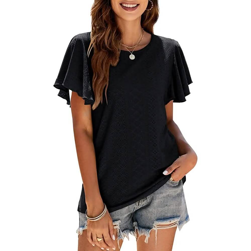Womens Casual T-Shirts Summer Crew Neck Ruffle Sleeve Tees Tunic Tops - A-1 Thread Vault