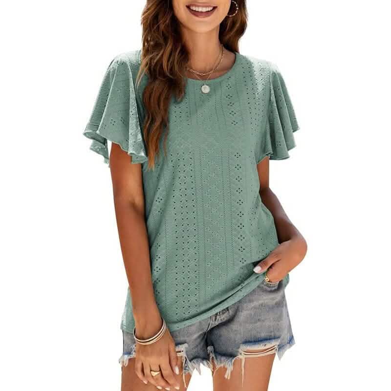 Womens Casual T-Shirts Summer Crew Neck Ruffle Sleeve Tees Tunic Tops - A-1 Thread Vault