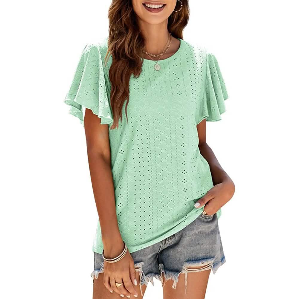 Womens Casual T-Shirts Summer Crew Neck Ruffle Sleeve Tees Tunic Tops - A-1 Thread Vault