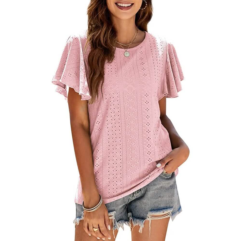 Womens Casual T-Shirts Summer Crew Neck Ruffle Sleeve Tees Tunic Tops - A-1 Thread Vault