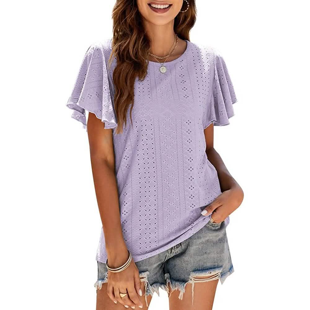 Womens Casual T-Shirts Summer Crew Neck Ruffle Sleeve Tees Tunic Tops - A-1 Thread Vault