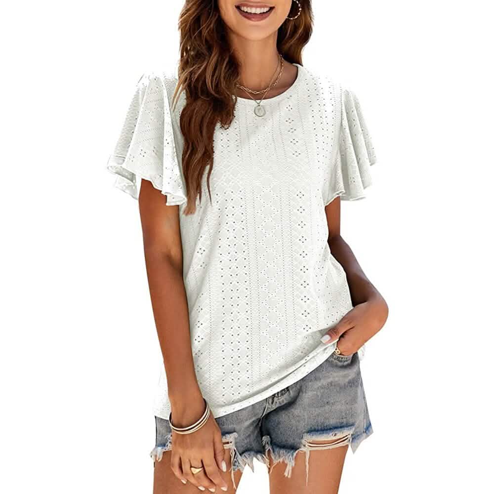 Womens Casual T-Shirts Summer Crew Neck Ruffle Sleeve Tees Tunic Tops - A-1 Thread Vault