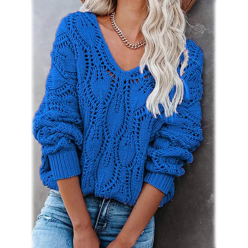 Women's Crochet Hollow Out Knitted V Neck Sweater - A-1 Thread Vault