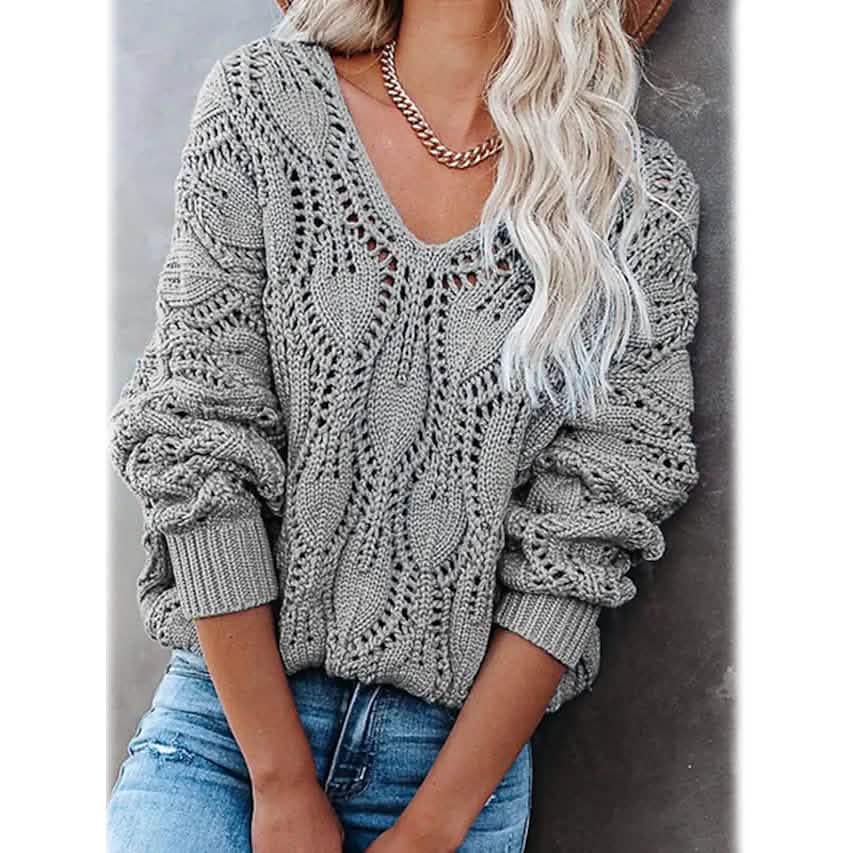 Women's Crochet Hollow Out Knitted V Neck Sweater - A-1 Thread Vault