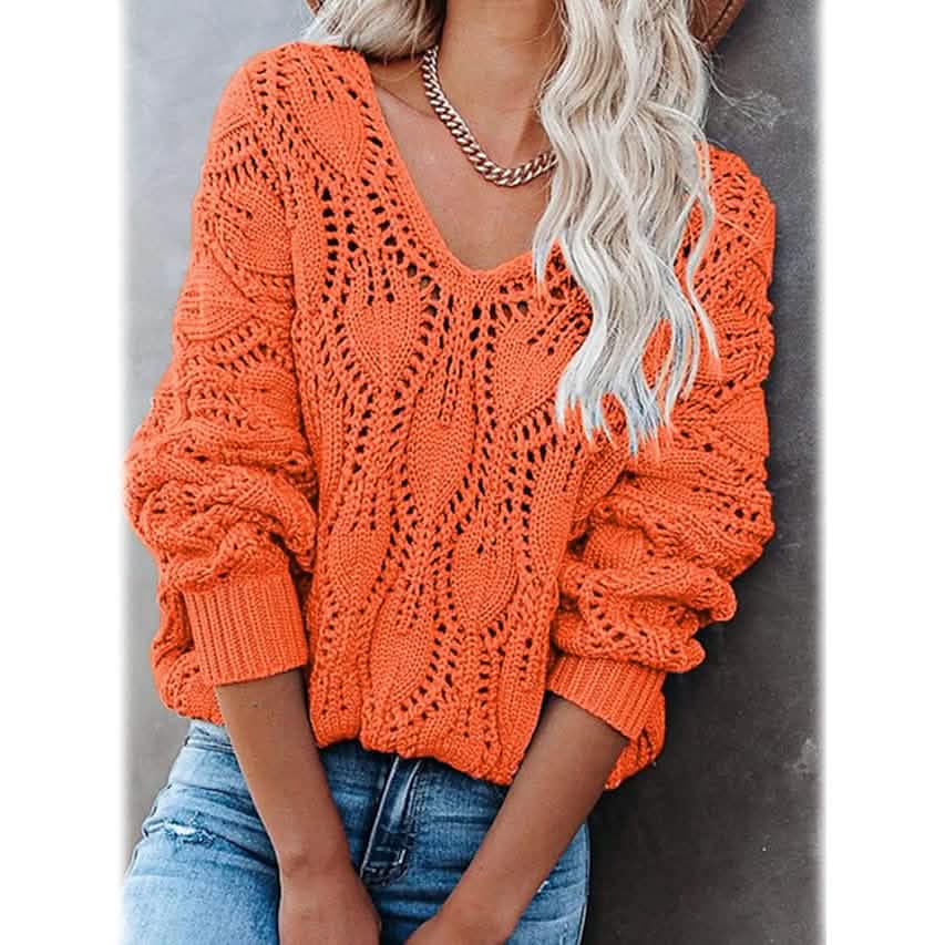 Women's Crochet Hollow Out Knitted V Neck Sweater - A-1 Thread Vault