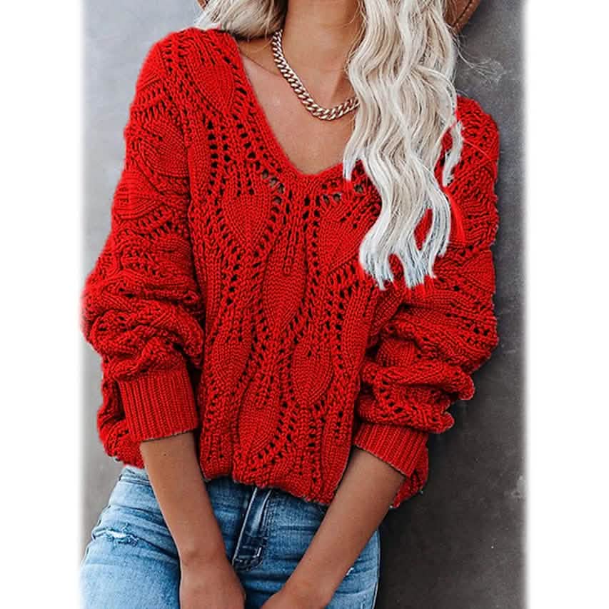 Women's Crochet Hollow Out Knitted V Neck Sweater - A-1 Thread Vault