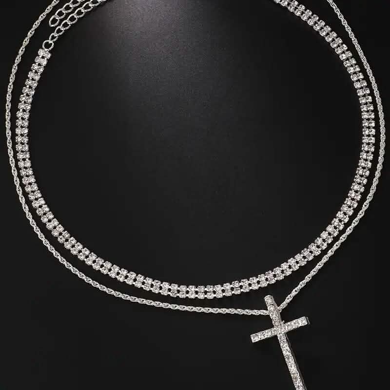 Women's Double Layer Artificial Crystal Cross Pendant Necklace - A-1 Thread Vault