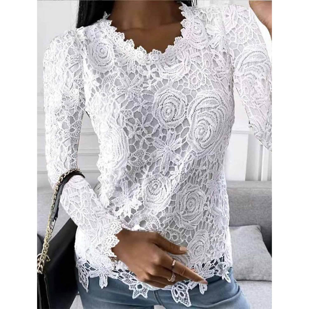 Women's Floral Lace Long Sleeve Blouse Shirt - A-1 Thread Vault