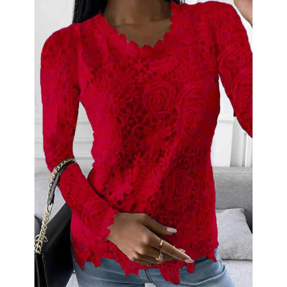 Women's Floral Lace Long Sleeve Blouse Shirt - A-1 Thread Vault