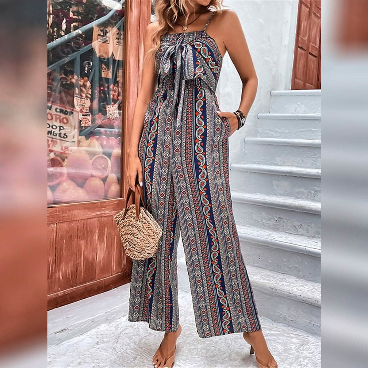 Women's Jumpsuit Pocket Print Geometric Square - A-1 Thread Vault