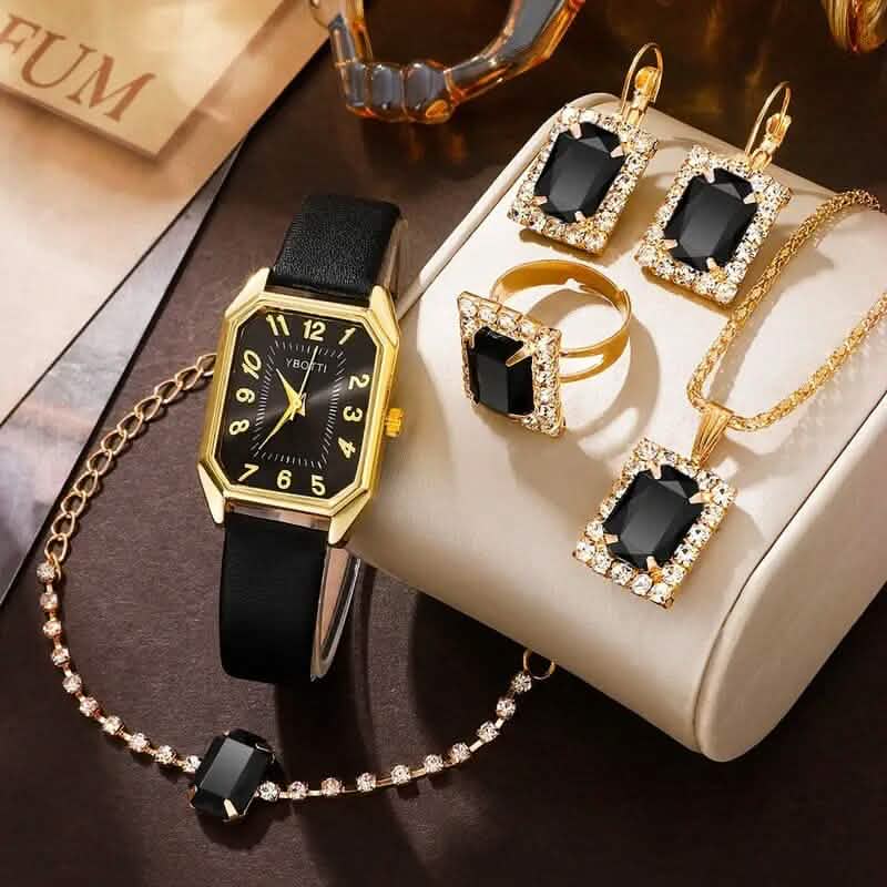 Women's Leather Wrist Watch, Earrings, Bracelet, Necklace and Ring Jewelry Set - A-1 Thread Vault
