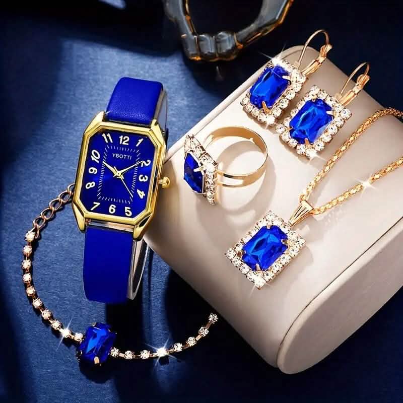 Women's Leather Wrist Watch, Earrings, Bracelet, Necklace and Ring Jewelry Set - A-1 Thread Vault