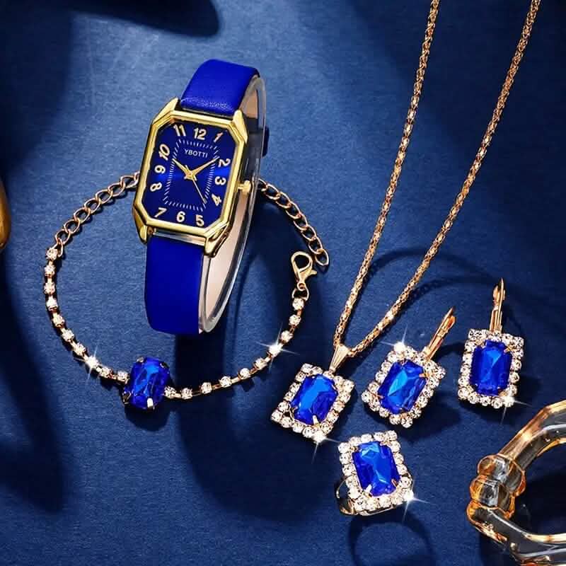 Women's Leather Wrist Watch, Earrings, Bracelet, Necklace and Ring Jewelry Set - A-1 Thread Vault