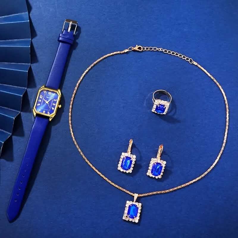 Women's Leather Wrist Watch, Earrings, Bracelet, Necklace and Ring Jewelry Set - A-1 Thread Vault