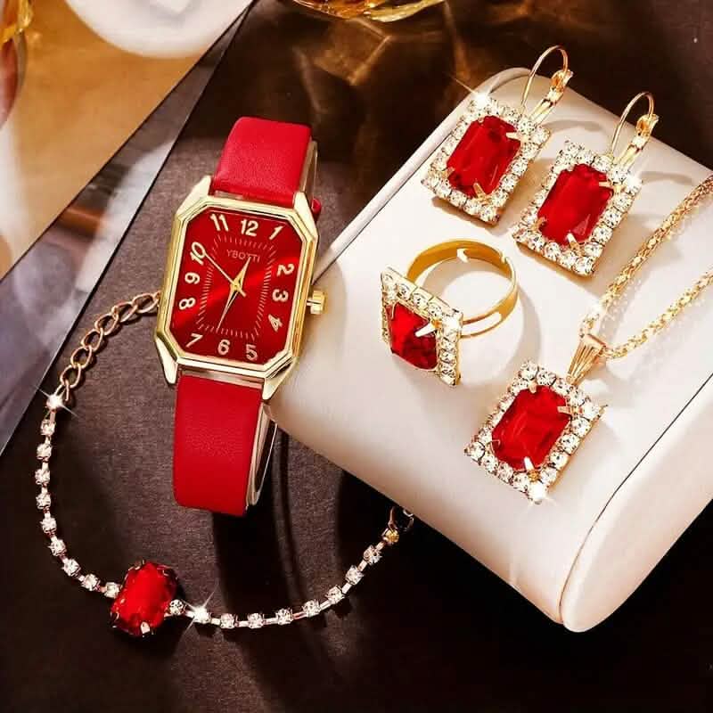Women's Leather Wrist Watch, Earrings, Bracelet, Necklace and Ring Jewelry Set - A-1 Thread Vault