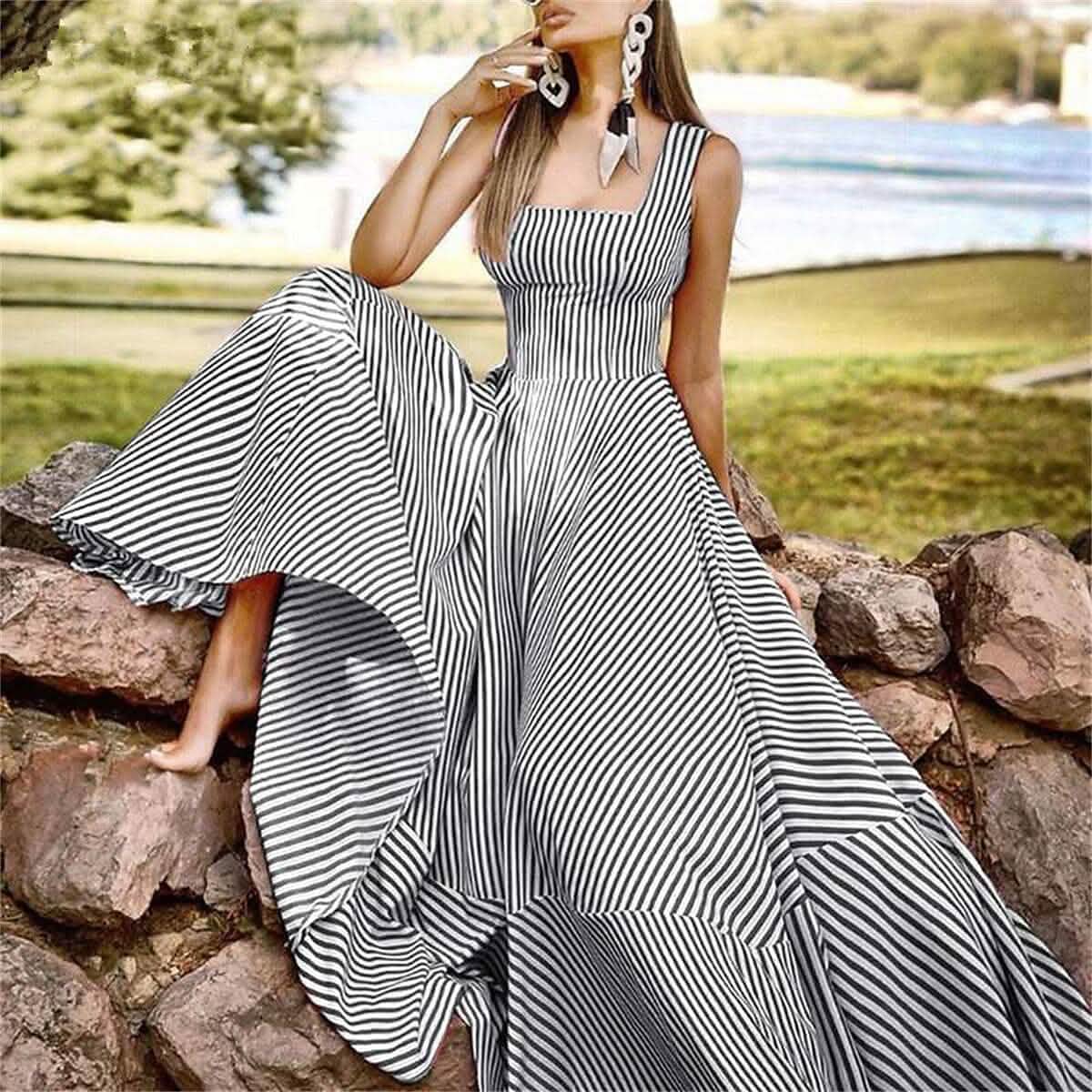 Women's Long A Line Striped Maxi Dress - A-1 Thread Vault
