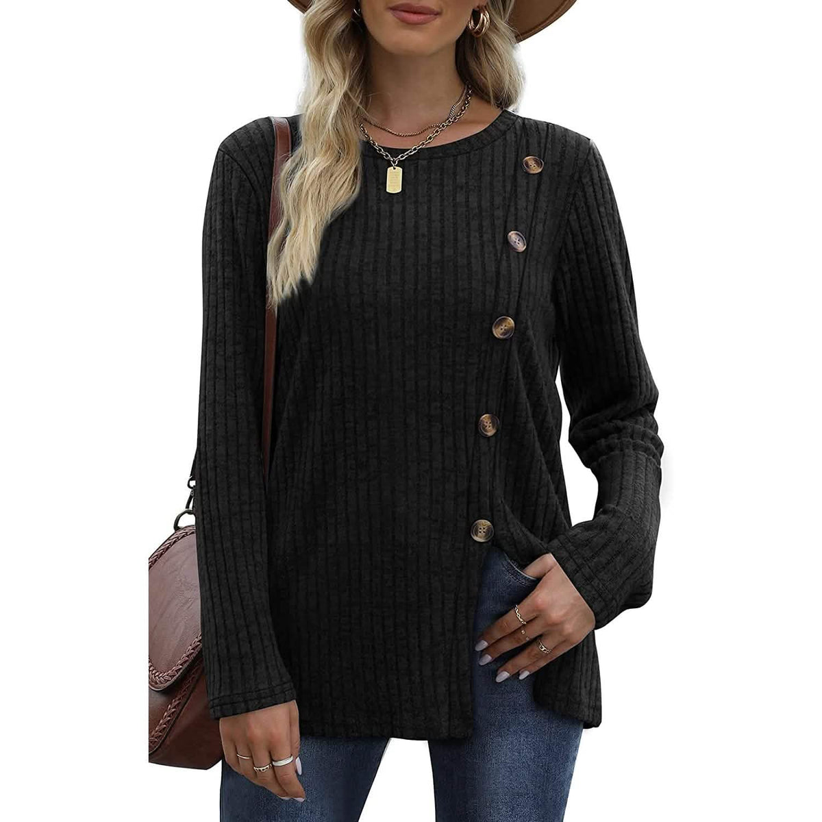 Women's Long Sleeve Crew Neck Tunic Tops Buttons Side - A-1 Thread Vault