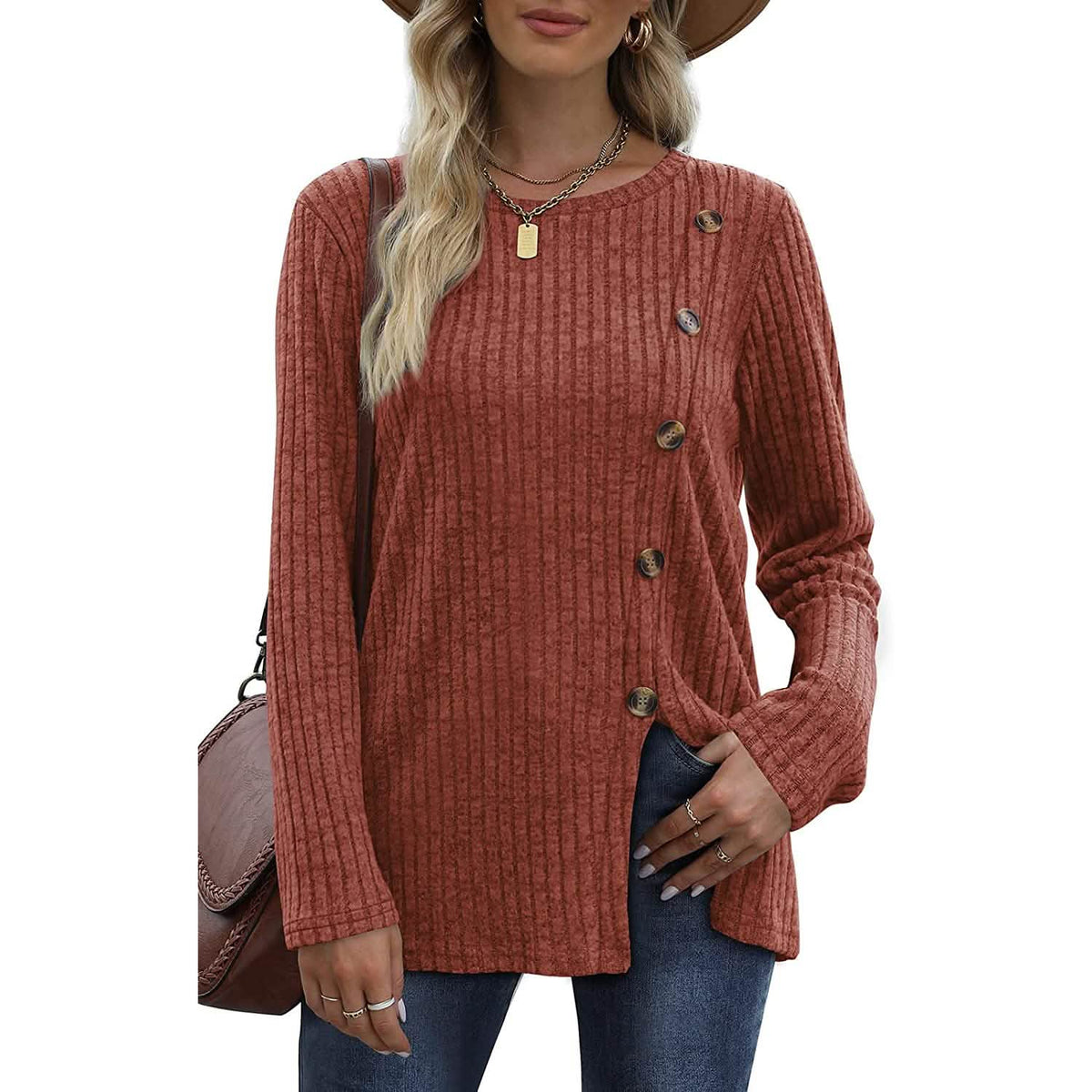 Women's Long Sleeve Crew Neck Tunic Tops Buttons Side - A-1 Thread Vault