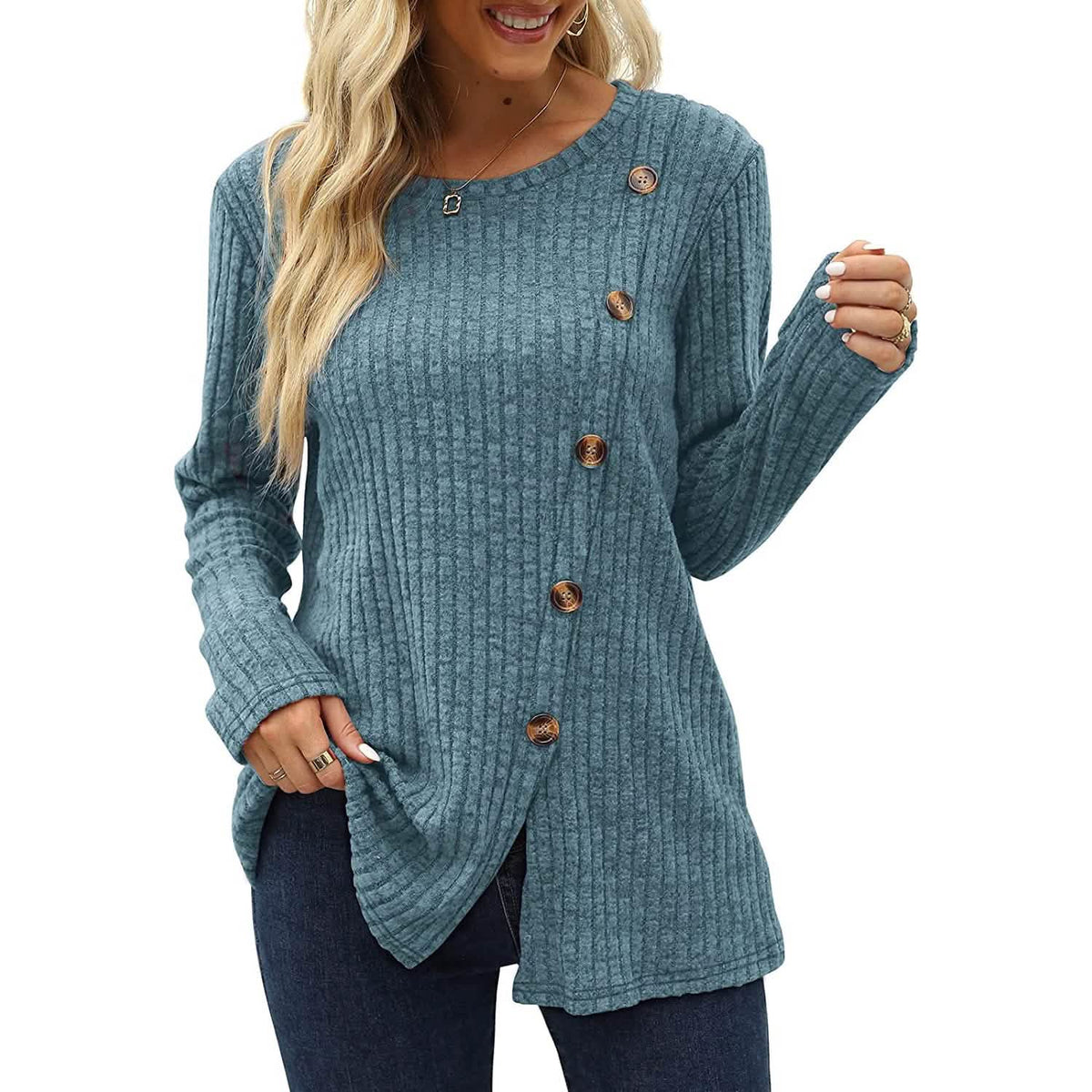 Women's Long Sleeve Crew Neck Tunic Tops Buttons Side - A-1 Thread Vault