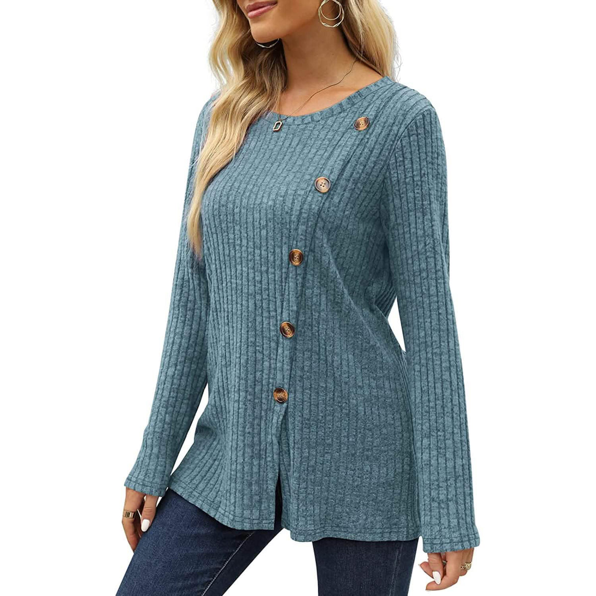 Women's Long Sleeve Crew Neck Tunic Tops Buttons Side - A-1 Thread Vault