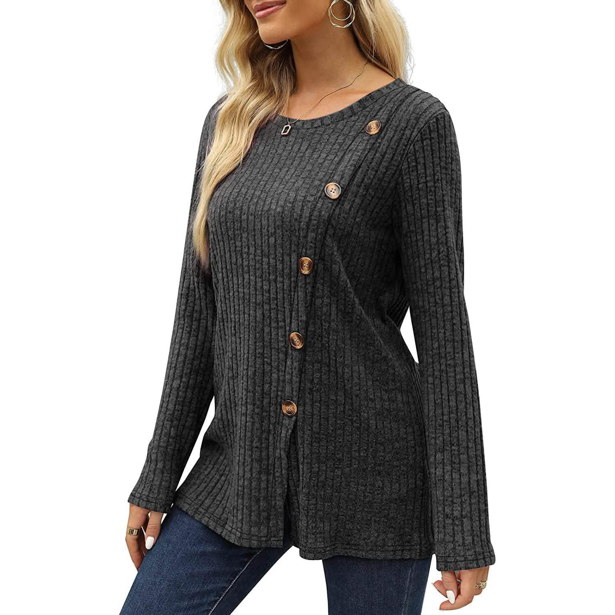 Women's Long Sleeve Crew Neck Tunic Tops Buttons Side - A-1 Thread Vault